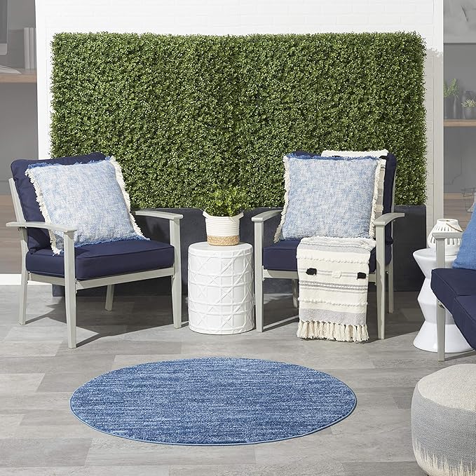 Nourison Home Essentials Indoor/Outdoor Navy Blue 4' x Round Area Rug, Easy Cleaning, Non Shedding, Bed Room, Living Room, Dining Room, Backyard, Deck, Patio (4 Round)