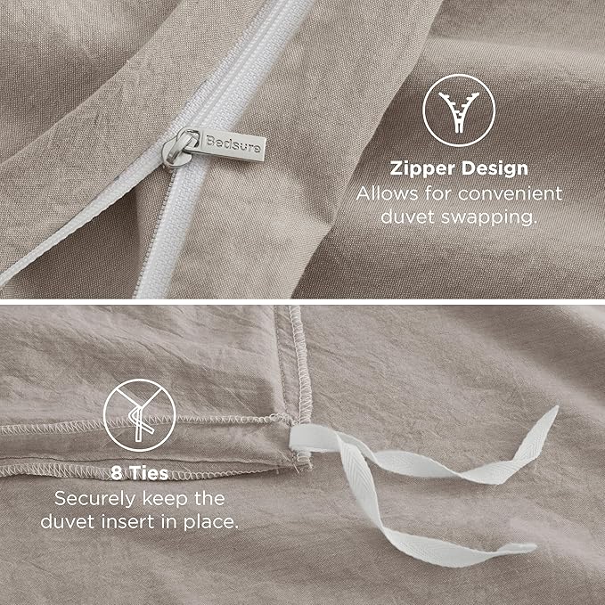 Bedsure 100% Washed Cotton Duvet Cover King Size - Natural Color Minimalist Cotton Duvet Cover for All Seasons - GentleSoft™ Plain Simple Bedding, 3 Pieces (Natural, King, 104"x90")