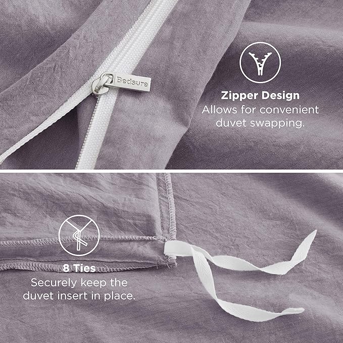 Bedsure 100% Washed Cotton Duvet Cover King Size - Lavender Minimalist Cotton Duvet Cover Linen Like for All Seasons - GentleSoft™ Plain Simple Bedding, 3 Pieces (Lavender, King, 104"x90")