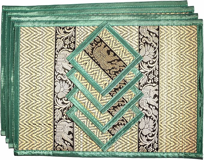 Hand-Woven Wicker Reed Placemats Coaster Set Eco-Friendly Alternative to Plastic Heat Resistant Thai Style Durable Easy to Clean for Dining Table Set of 4 (Medium, Teal Green)